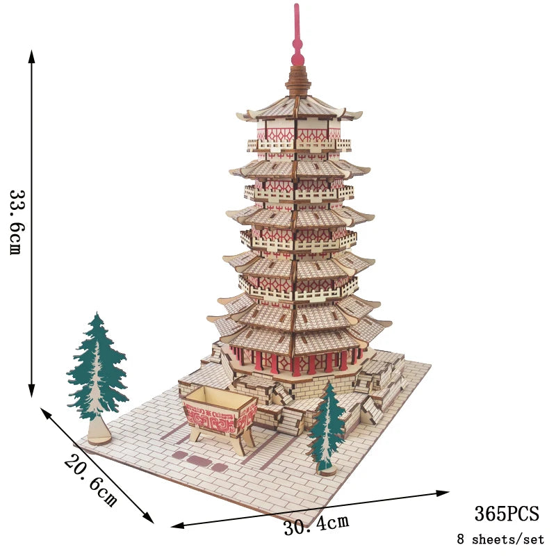 DIY 3D Jigsaw Leifeng Pagoda Wooden Puzzle Wenchang Tower Building Model Game Assembly Constructor Toys For Children Gift