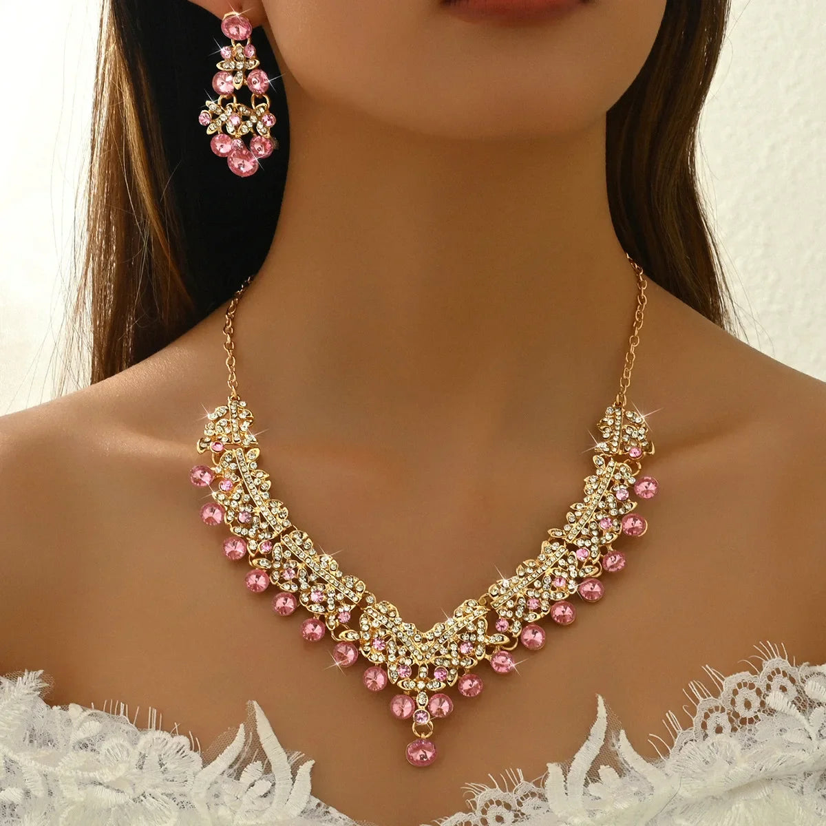 Luxury Flower Choker Necklace Earrings Wedding Dress Bridal Necklace Set Rhinestone Bride Jewelry Sets for Women
