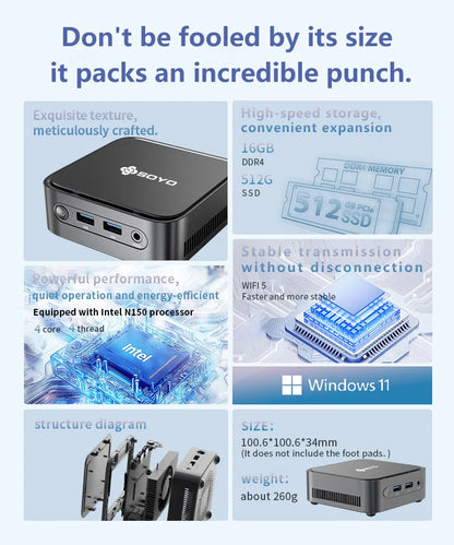 SOYO M4PLUS2 Mini PC: 8/16GB RAM, 256/512GBSSD, Intel Twin Lak N150, Windows 11Pro - Compact & Ideal for Home, Business & Gaming