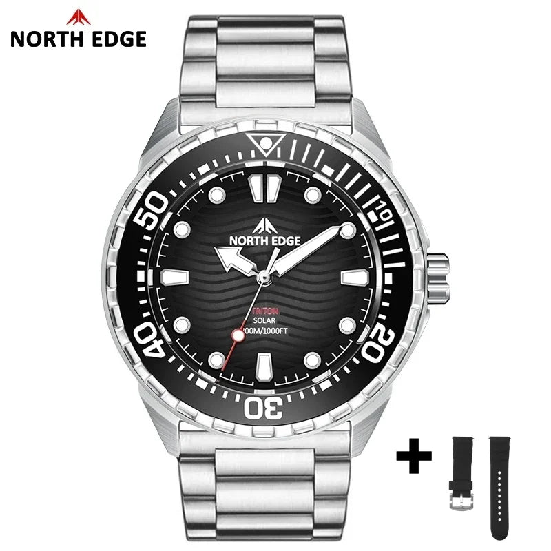 NORTH EDGE Watches for Man TRITON Solar Powered Diving Watch Quartz Wristwatch Stainless Steel Waterproof 300M Luxury Man Watch