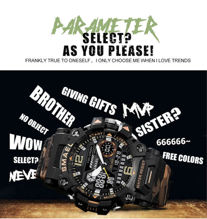 SMAEL New Watches 50m Waterproof Sports Watch Digital 8072 Army Watch Digital Quartz Dual Time Wristwatches LED for Men