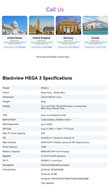 Blackview MEGA 3 Tablet 12.1" 2.5K 90Hz Display Android 15 MediaTek G100 8800mAh 33W Fast Charging 50MP Camera 12GB 256GB Pad