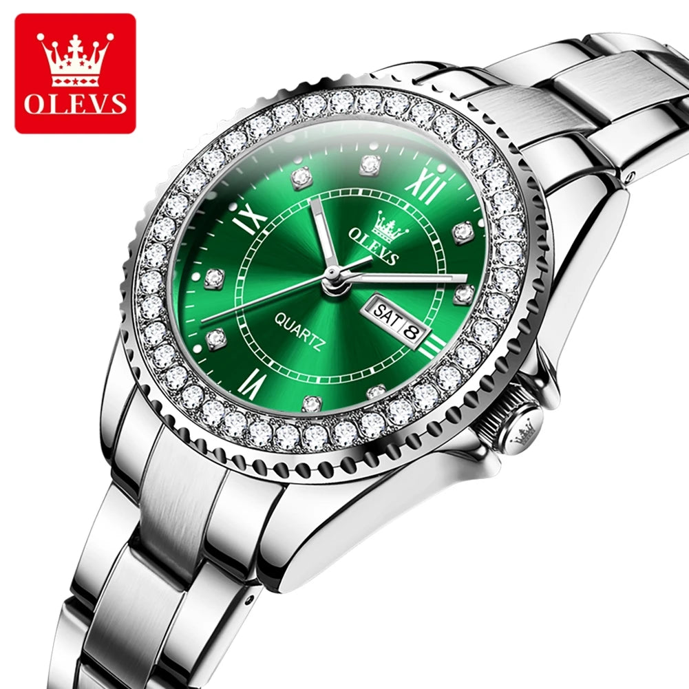 OLEVS Couple Watch Luxury Top Original Quartz Watches Stainless Steel Lover's Wristwatch for Men Women Green Water Ghost Series
