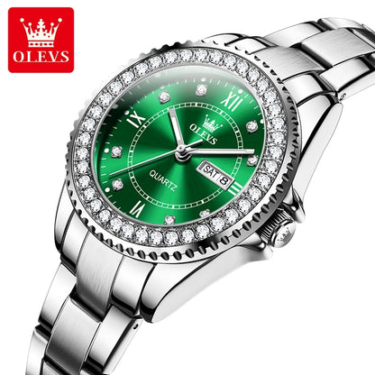 OLEVS Couple Watch Luxury Top Original Quartz Watches Stainless Steel Lover's Wristwatch for Men Women Green Water Ghost Series