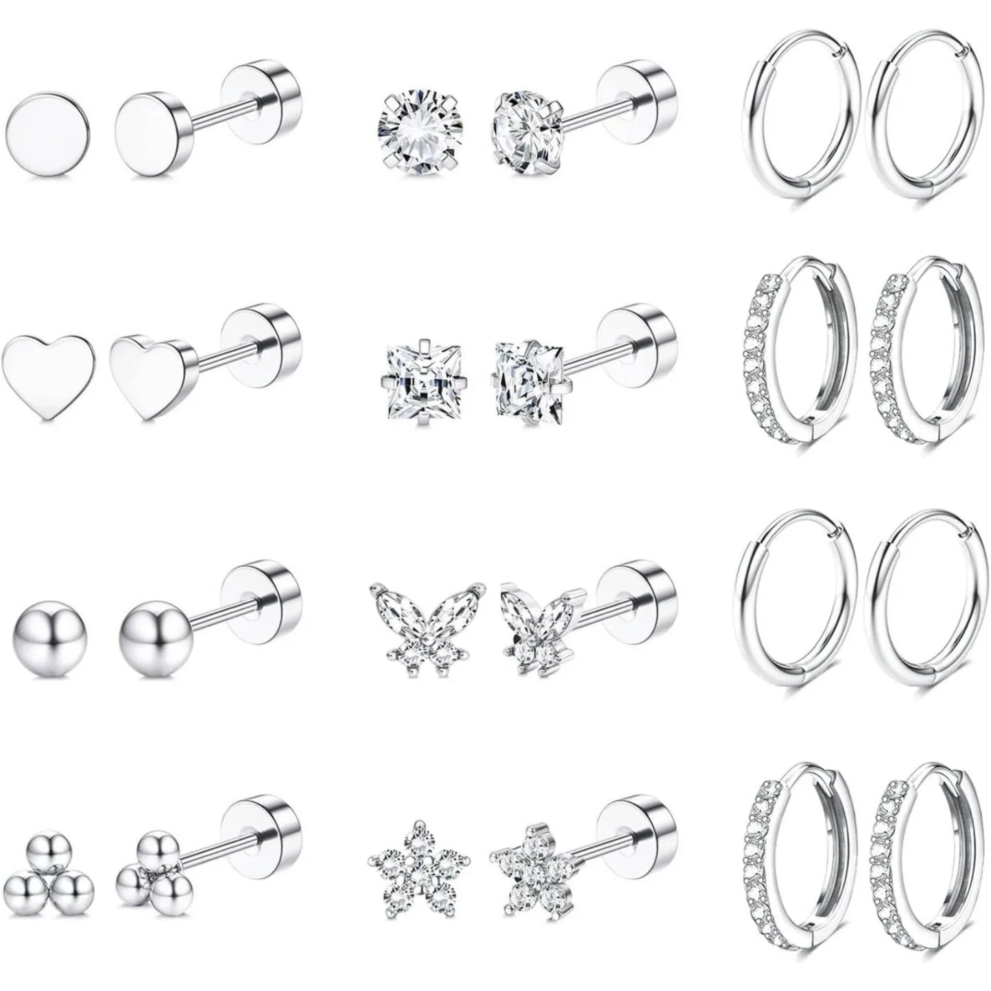 Drperfect Surgical Steel Earrings for Sensitive Ear Flat Back Hoop Cartilage Gold Plated CZ Studs for Women Multiple Piercing