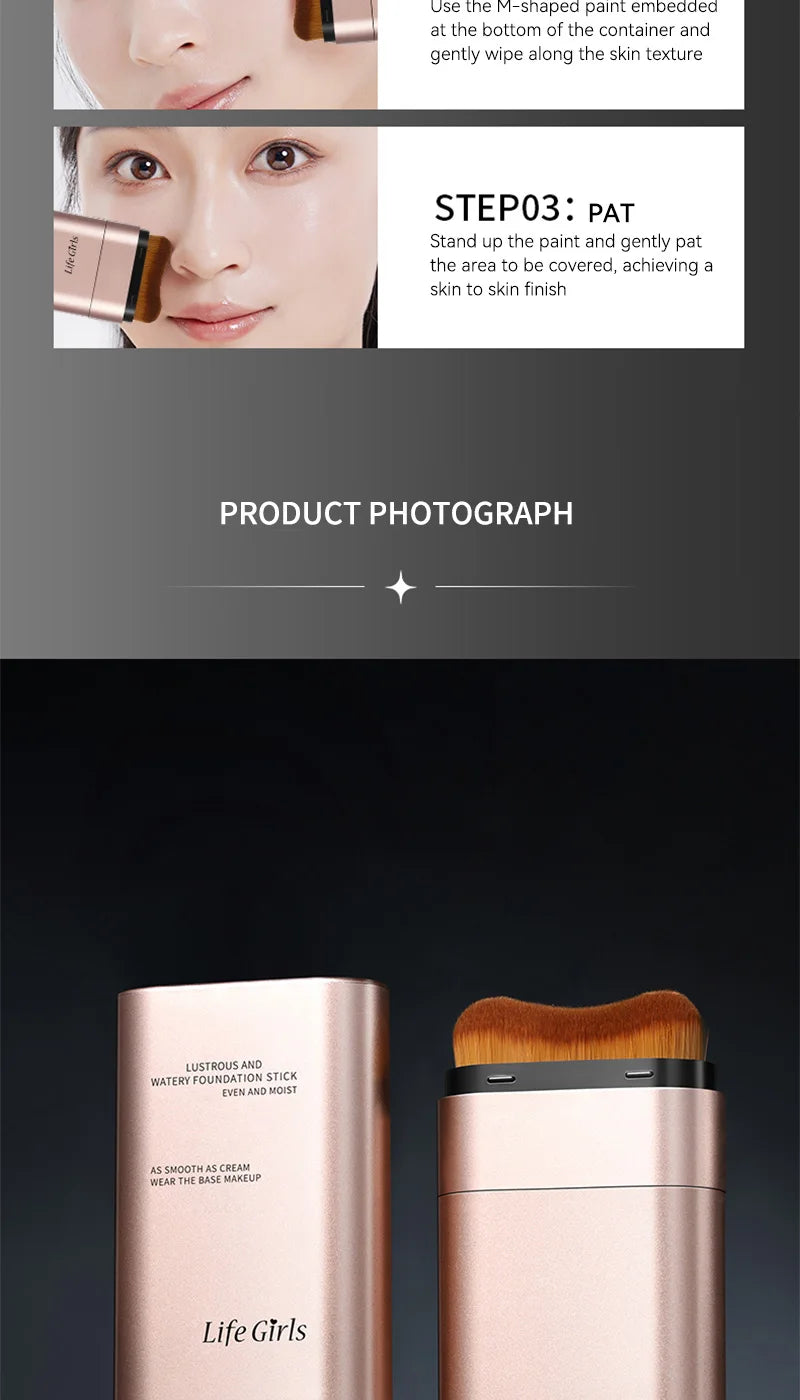 Light & Moist Hydrating Foundation Stick – Waterproof, Rotating Dual-Head with Brush