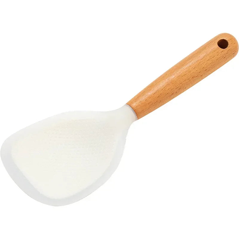 1Pc Silicone Spoon With Wooden Handle Non-stick Spatula For Pot Heat Insulation Heat Resistant Spoon For Rice Cooker For Home