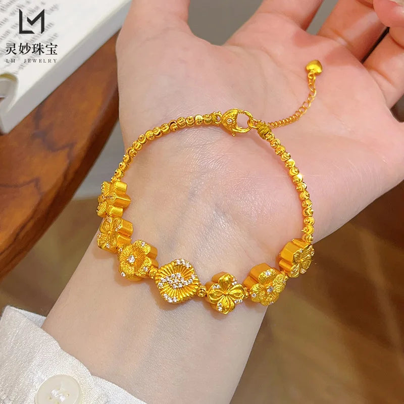 9999 24K real gold dot diamond brushed streamer bead bracelet with flowers blooming flowers and bracelets for girlfriend