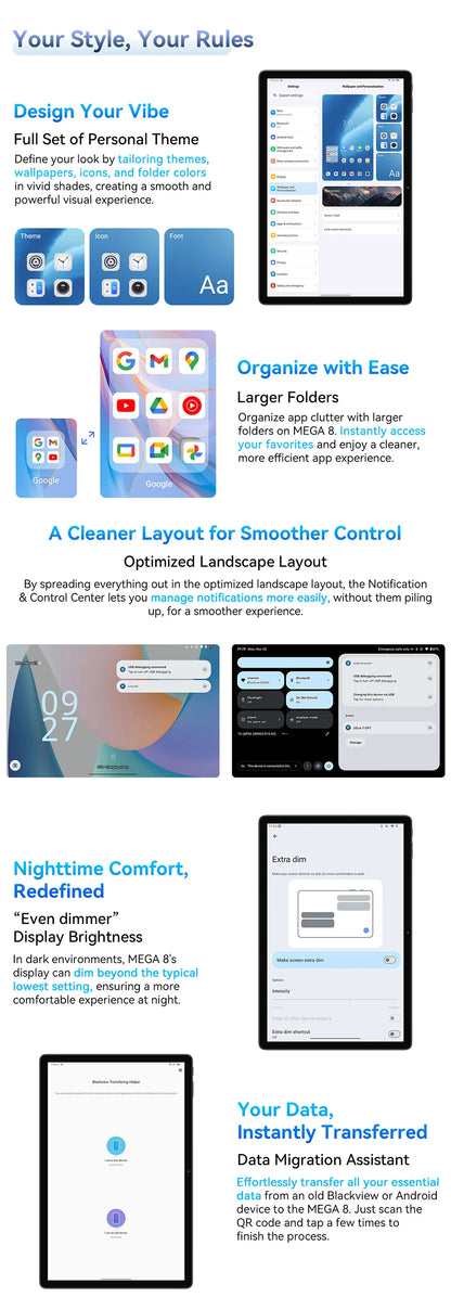 【World premiere】Blackview MEGA 8 Tablet 13 inch FHD+ 90Hz Display AI 11000mAh  Android 15 50Mp Camera 4 BOX Speakers 4G Pad PC