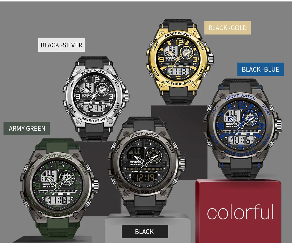 SANDA Men Sports Quartz Watches Dual Display LED Electronic Digital Wristwatches Waterproof Military Watch Relogios Masculino