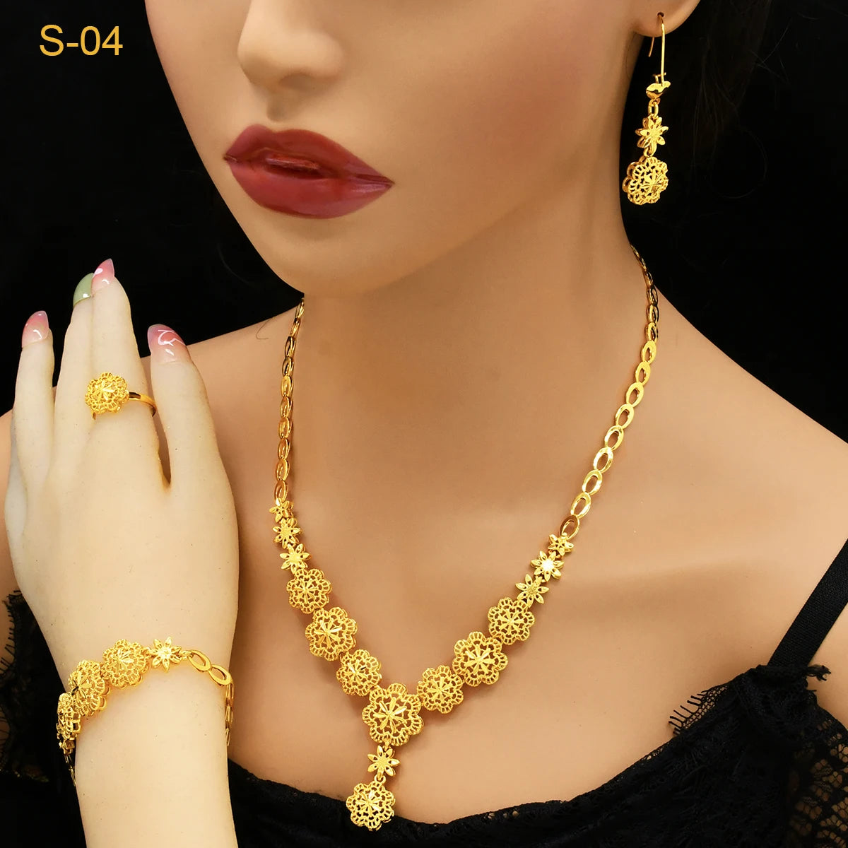 ANIID Indian 24k Gold Color Flower Shape Necklace Earrings Bracelet Ring Set Elegant Bridal Wedding Jewelry Sets for Dubai Lady