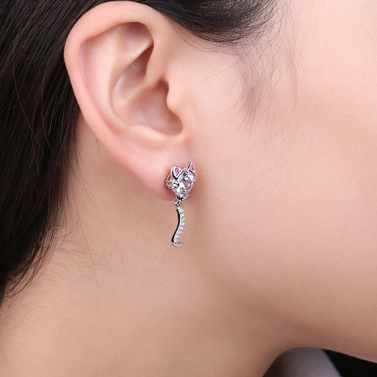 JewelryPalace New Arrival Love Cat Wagging Tail 4ct Round Gemstone 925 Sterling Silver Dangle Stud Earrings for Woman Girl Gift