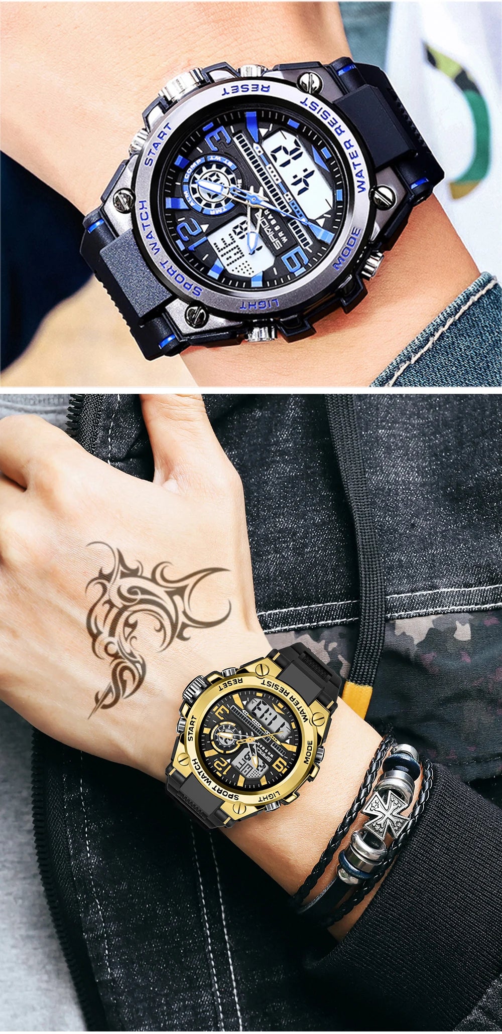 SANDA Men Sports Quartz Watches Dual Display LED Electronic Digital Wristwatches Waterproof Military Watch Relogios Masculino