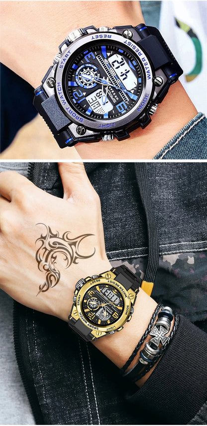 SANDA Men Sports Quartz Watches Dual Display LED Electronic Digital Wristwatches Waterproof Military Watch Relogios Masculino