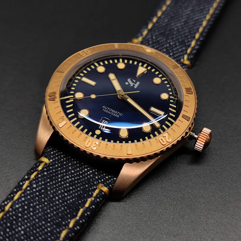 SH Bronze Watches Business Simple Men Mechanical Watch Horween Leather Strap Unique Denim Relojes Luminous 100m Waterproof CUSN6