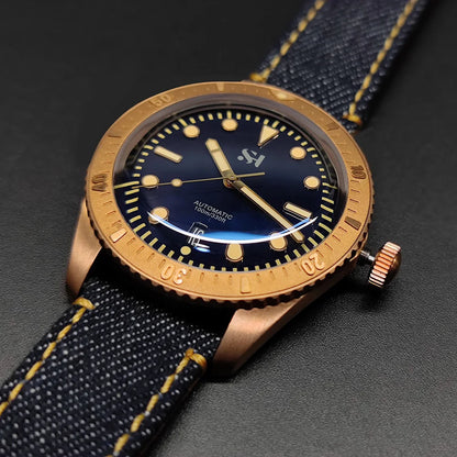 SH Bronze Watches Business Simple Men Mechanical Watch Horween Leather Strap Unique Denim Relojes Luminous 100m Waterproof CUSN6