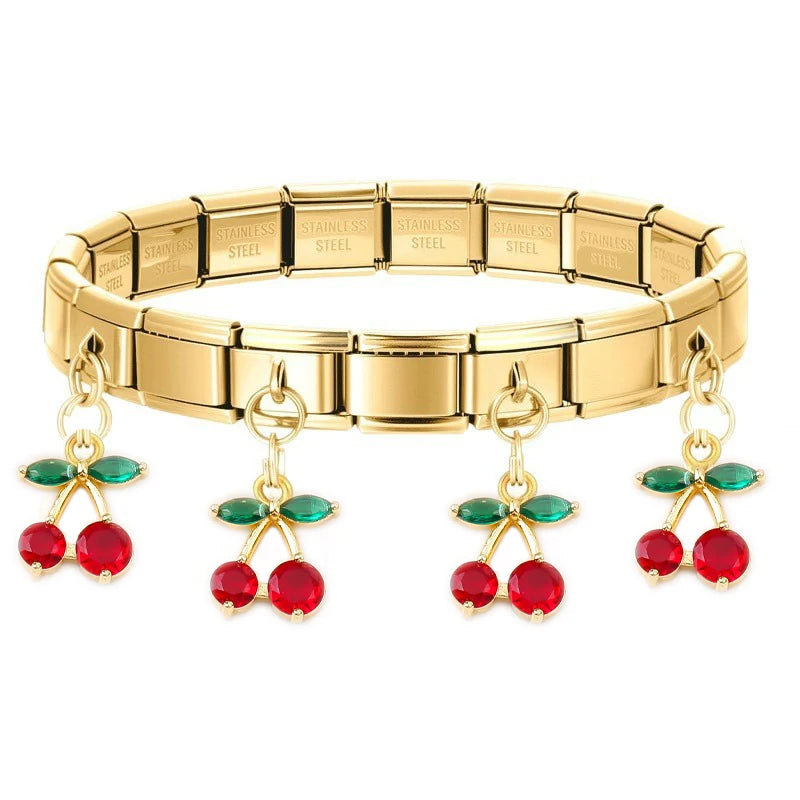 Geometric Square Stainless Steel Elastic Strap Bangle Bracelets for Women Strawberry Cherry Pendant Bracelets Hand Jewelry Gift