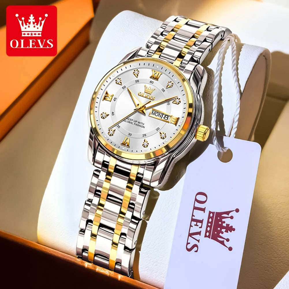 OLEVS Best Selling Fashion Stainless Steel Quartz Ladies Watch Luxury Dual Calendar Luminous Waterproof Elegant Watch for Women