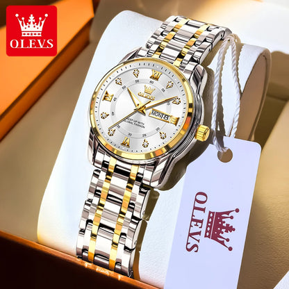 OLEVS Best Selling Fashion Stainless Steel Quartz Ladies Watch Luxury Dual Calendar Luminous Waterproof Elegant Watch for Women