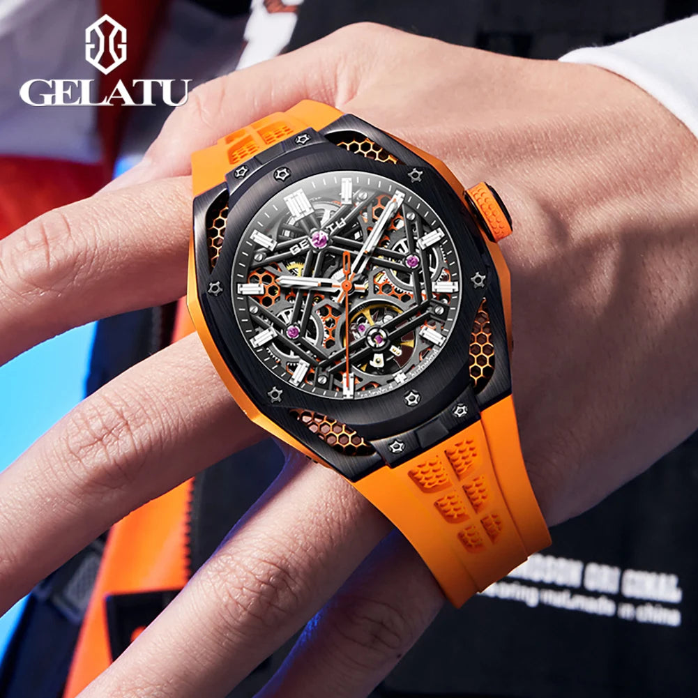 GELATU NEW Skeleton Tourbillon Watch For Men 5ATM Waterproof Luxury Sky Blue Automatic Mechanical Watches Mens Reloj Hombre