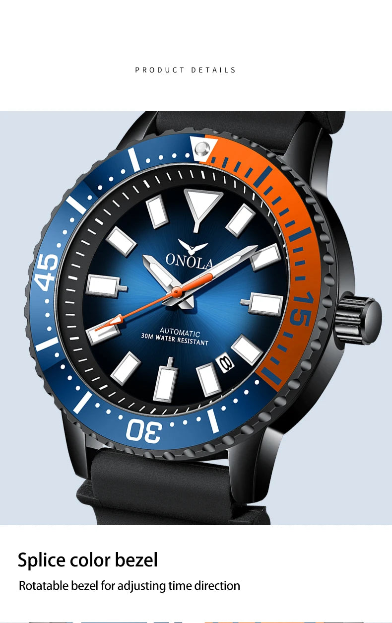 HOT Business Men's Fully Automatic Mechanical Watch ONOLA Genuine Leather Waterproof Casual Watch Men's Clock