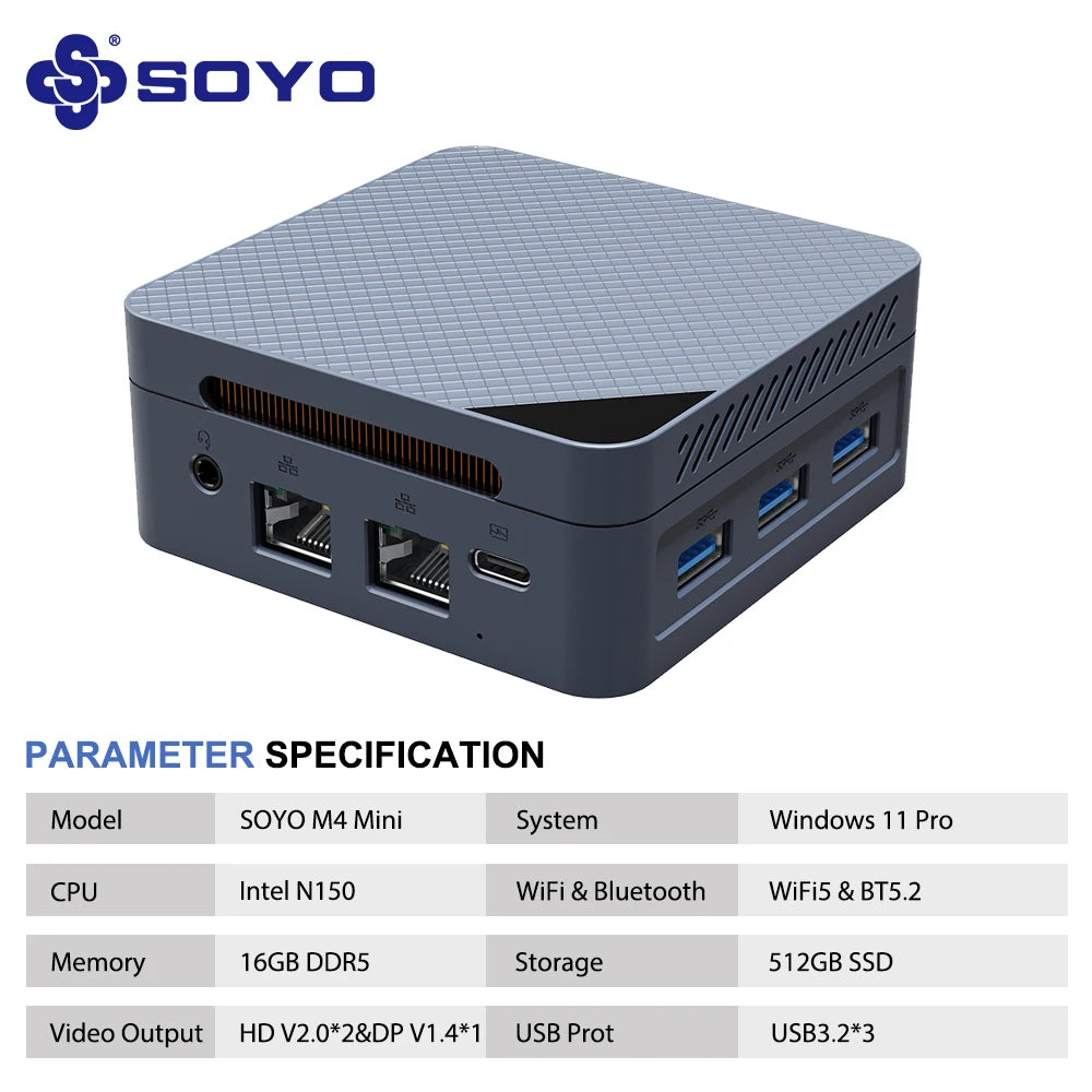 SOYO M4 Mini Mini PC Intel Twin Lake N150 CPU Mini Gaming Computer 12GB DDR5 512GB RAM Windows 11 Pro WiFi5 BT5.2 Type-C USB3.2