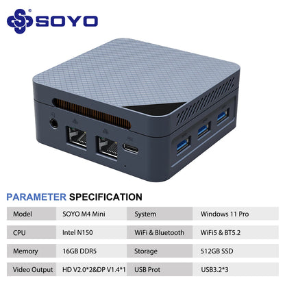 SOYO M4 Mini Mini PC Intel Twin Lake N150 CPU Mini Gaming Computer 12GB DDR5 512GB RAM Windows 11 Pro WiFi5 BT5.2 Type-C USB3.2