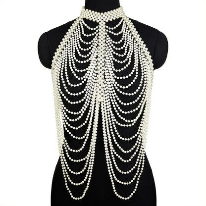 Women Pearl Shawl Necklaces Body Chain Sexy Beaded Collar Shoulder Pearl Bra Top Sweater Chain Wedding Dress Body Jewelry