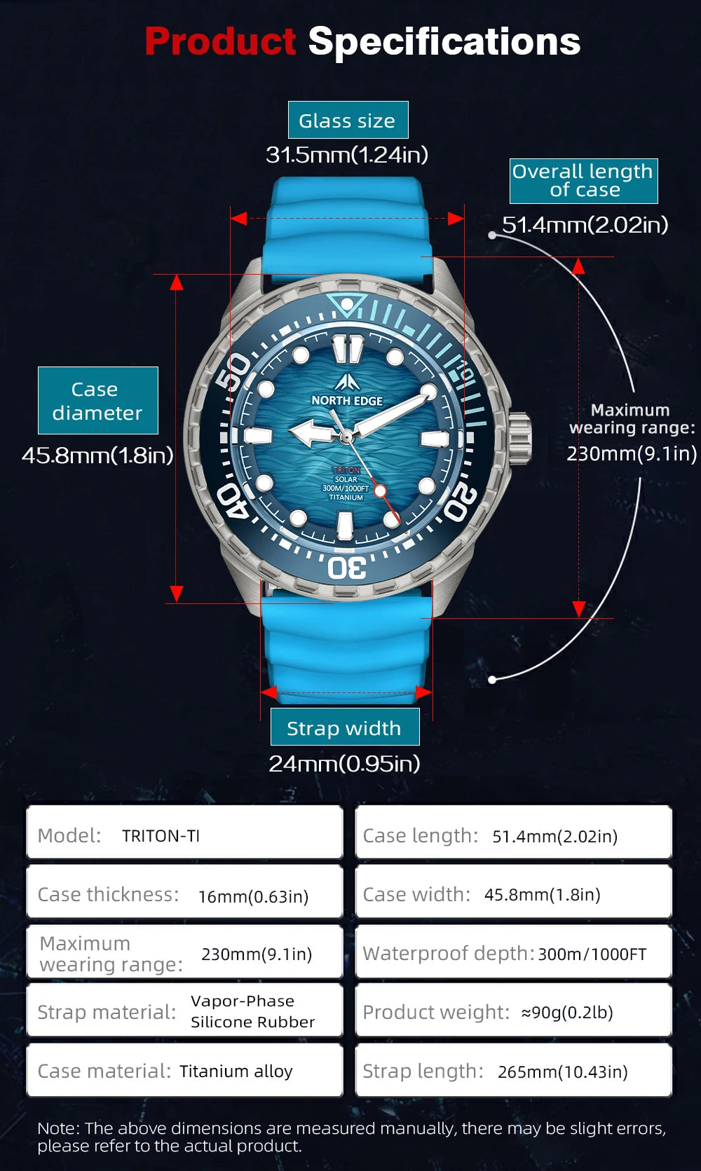 NORTH EDGE TRITON-TI Titanium Solar Diving Watch – 300M Waterproof, 180-Day Power Reserve