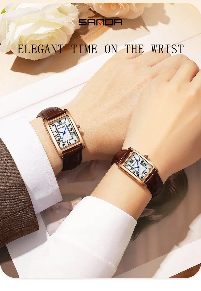 SANDA Luxury Tank Couple Watch Wear Resistant Leather Strap Square Dial Waterproof Sport Casual Women Men Quartz Watches Reloj