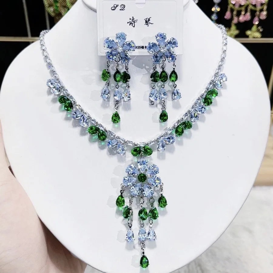 Multicolor Waterdrop Tassel Zirconia Necklace Earrings Women New Silver Color Bridal Wedding Fashion Jewelry Set Party Gifts