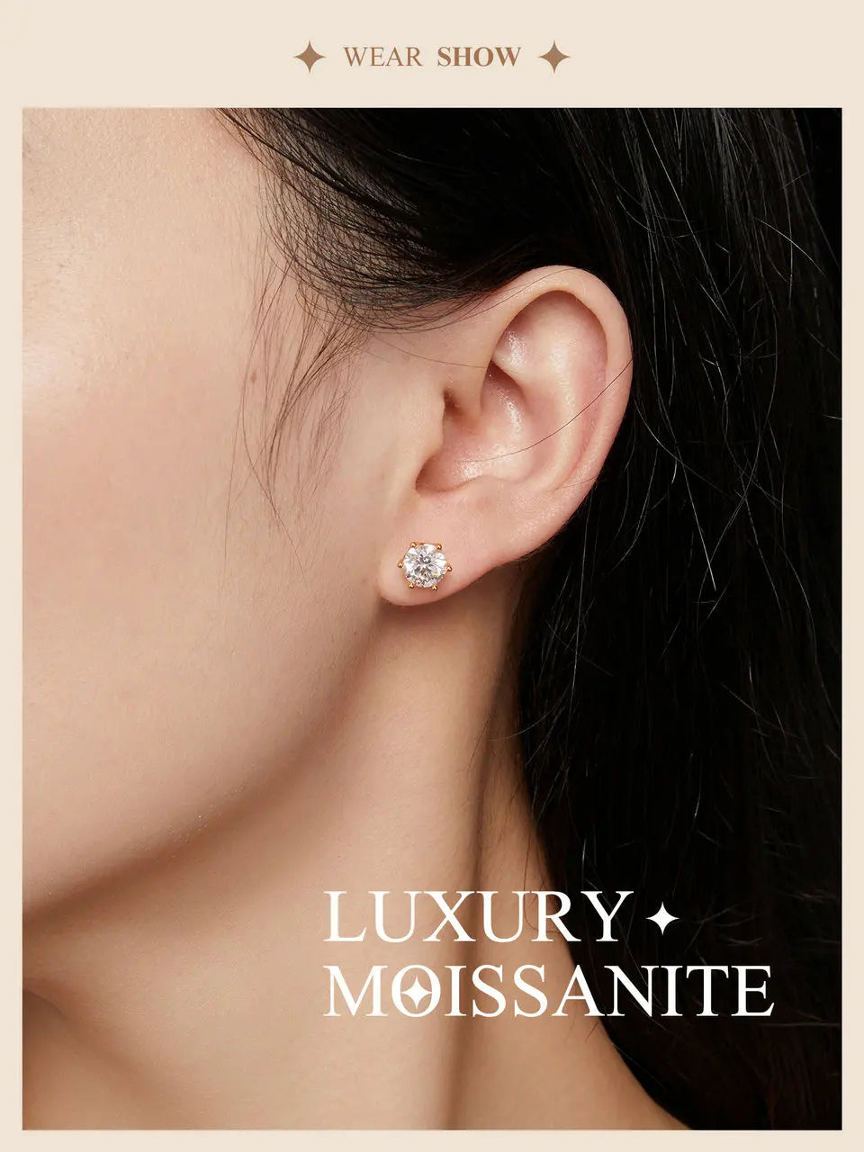 BAMOER Classic Moissanite Stud Earrings, S925 Silver 6 Prongs D Color Round Cut Lab Created Diamond Wedding 18k Gold Earrings