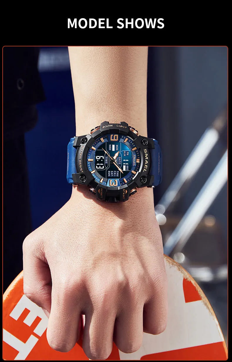 SMAEL 8049 Watch Sport LED Light Alarm Clock Dual Time Display WaterproofWeek Auto Date Wristwatches Quartz