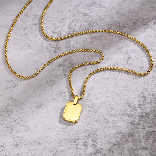 Engrave Square Necklace Personalized Tag ID Pendant, Stainless Steel Gold Plated Jewelry for Women Men Girl Christmas Birthday