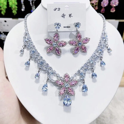 Multicolor Waterdrop Tassel Zirconia Necklace Earrings Women New Silver Color Bridal Wedding Fashion Jewelry Set Party Gifts