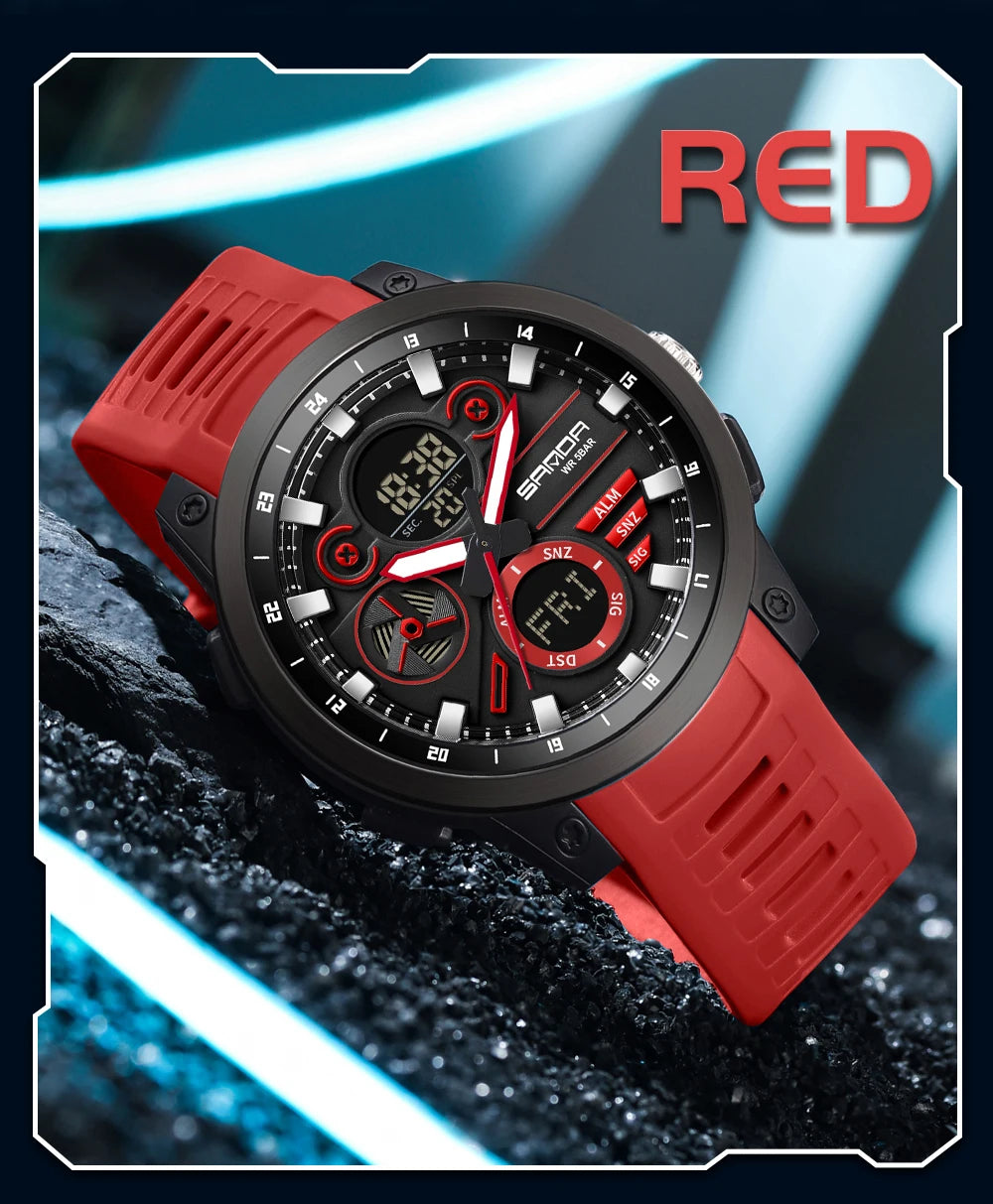 SANDA Men Sport Wristwatch TPU Strap Waterproof Quartz Watch Dual Display Digital Luminous Male Clock Relogio Masculino