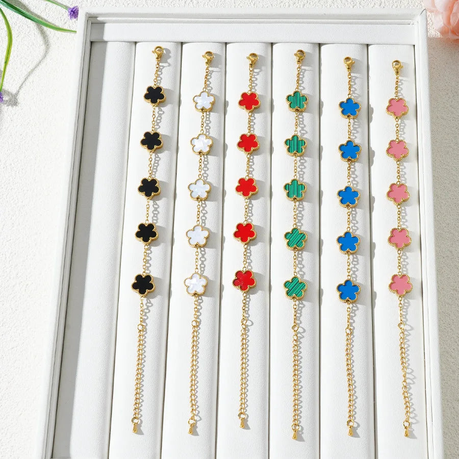 Stainless Steel Bracelet Double Sided Five Leaf Petals Flower Gold Plated Clover Women Fashion Jewelry