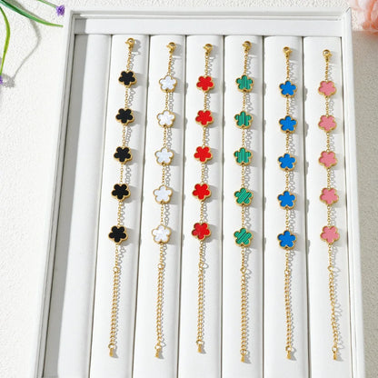 Stainless Steel Bracelet Double Sided Five Leaf Petals Flower Gold Plated Clover Women Fashion Jewelry