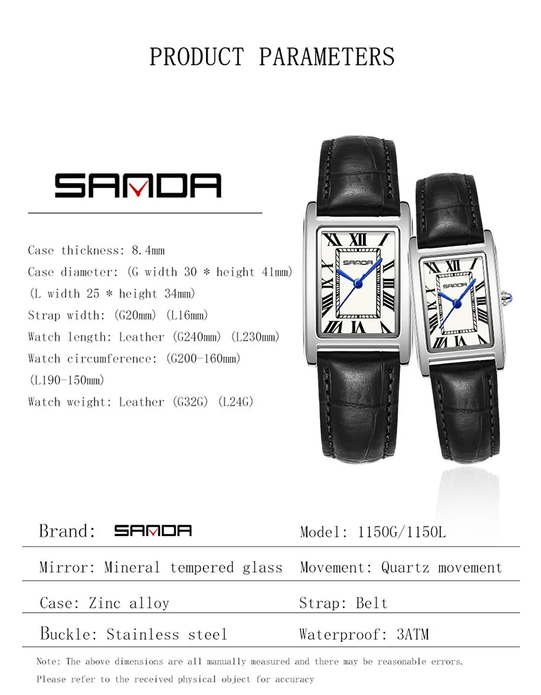 SANDA Luxury Tank Couple Watch Wear Resistant Leather Strap Square Dial Waterproof Sport Casual Women Men Quartz Watches Reloj