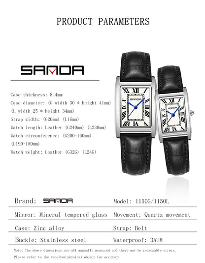 SANDA Luxury Tank Couple Watch Wear Resistant Leather Strap Square Dial Waterproof Sport Casual Women Men Quartz Watches Reloj