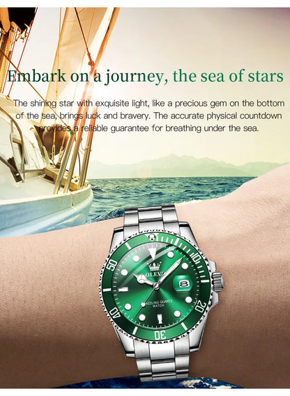 OLEVS 5885 Men's Watches Business Stainless Steel Strap Green Quartz Watch Waterproof Calendar Luminous High Quality Wristwatch