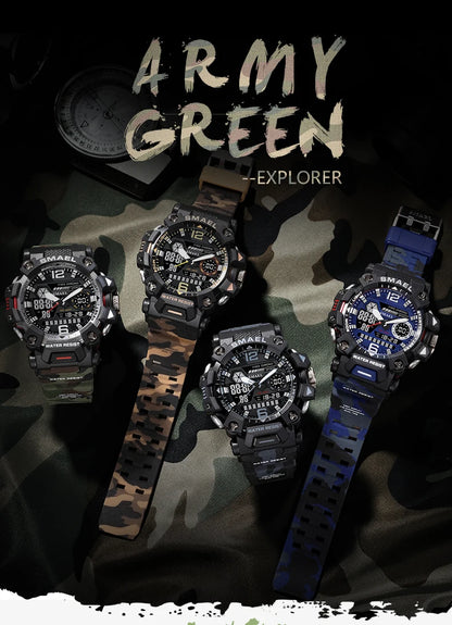 SMAEL New Watches 50m Waterproof Sports Watch Digital 8072 Army Watch Digital Quartz Dual Time Wristwatches LED for Men