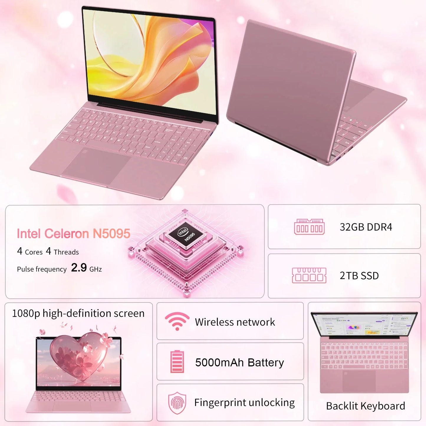 15.6" Narrow Bezel Laptop – Intel Celeron N5095, Up to 32GB RAM & 2TB SSD, Windows 11, Fingerprint Unlock
