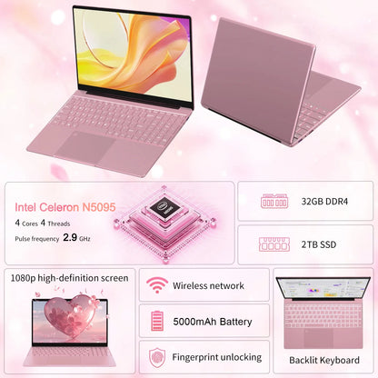 15.6" Narrow Bezel Laptop – Intel Celeron N5095, Up to 32GB RAM & 2TB SSD, Windows 11, Fingerprint Unlock