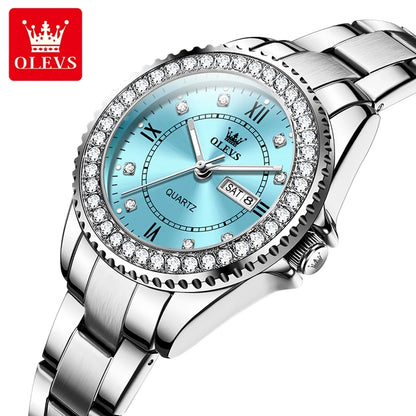 OLEVS Couple Watch Luxury Top Original Quartz Watches Stainless Steel Lover's Wristwatch for Men Women Green Water Ghost Series