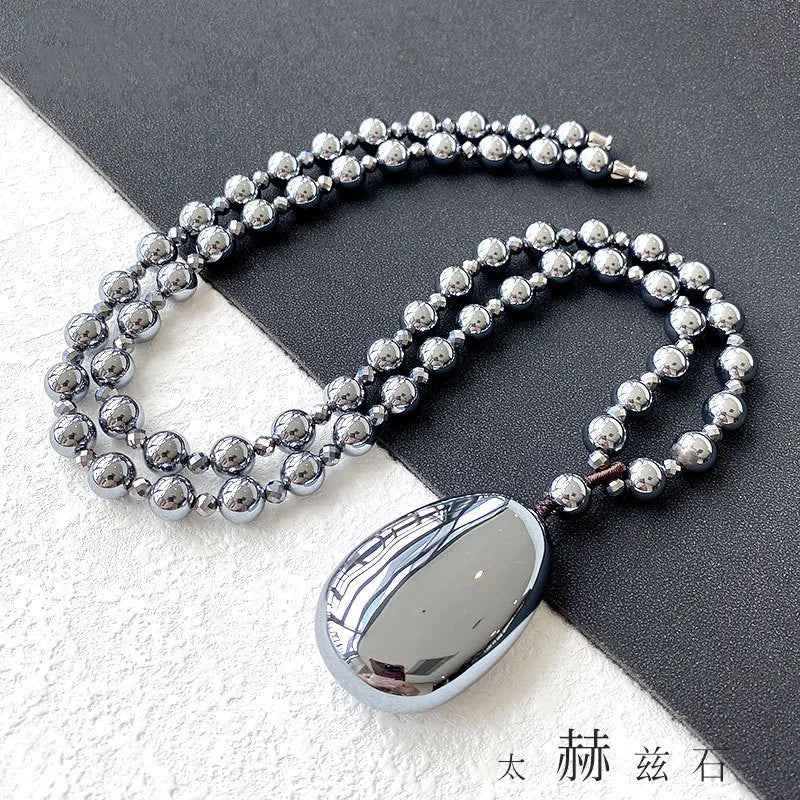 Natural Terahertz Wave Crystal Round Beads Necklace 42x28mm Chain Women Men Drop Shipping AAAAA