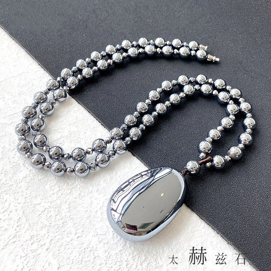 Natural Terahertz Wave Crystal Round Beads Necklace 42x28mm Chain Women Men Drop Shipping AAAAA