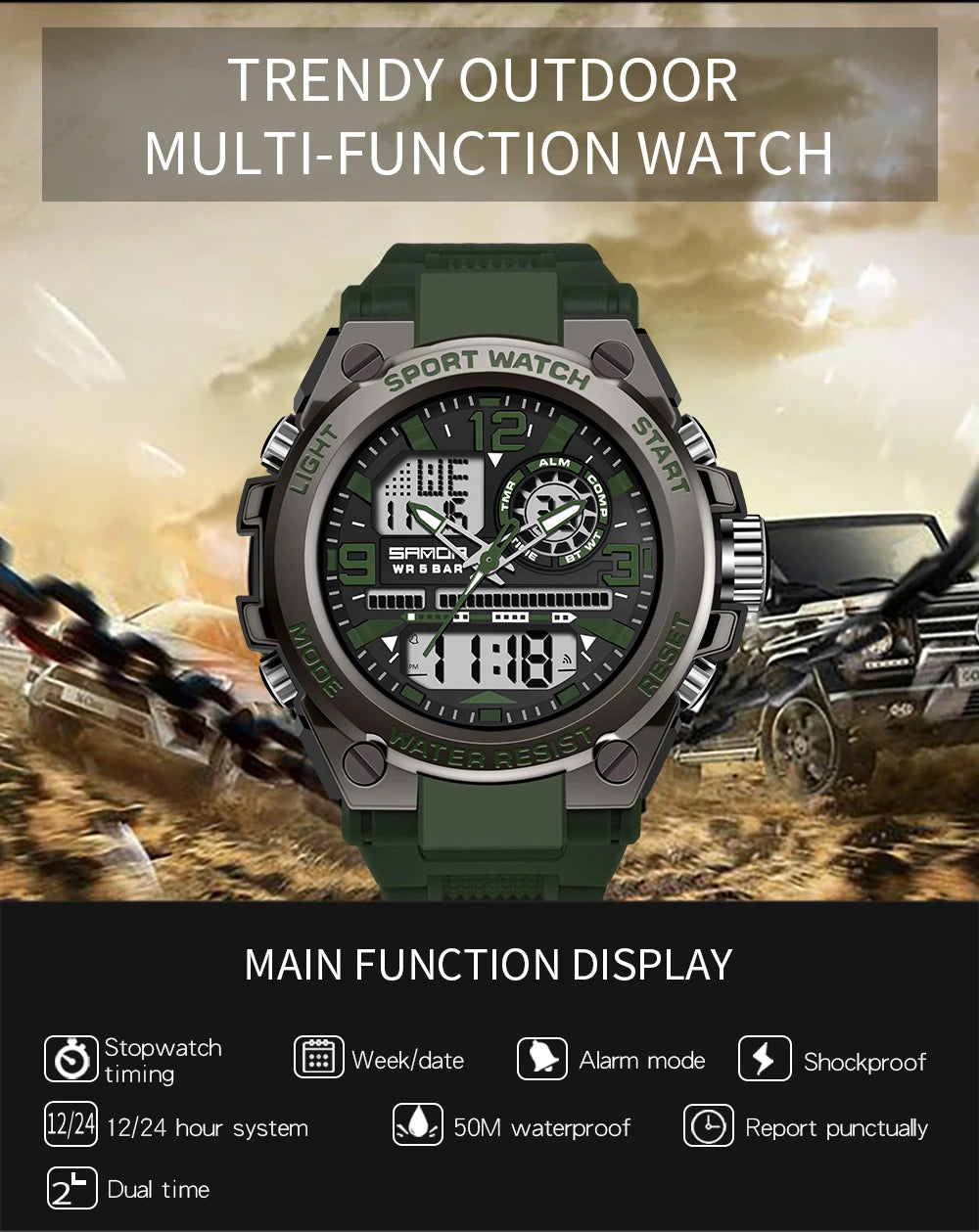 SANDA Men Sports Quartz Watches Dual Display LED Electronic Digital Wristwatches Waterproof Military Watch Relogios Masculino