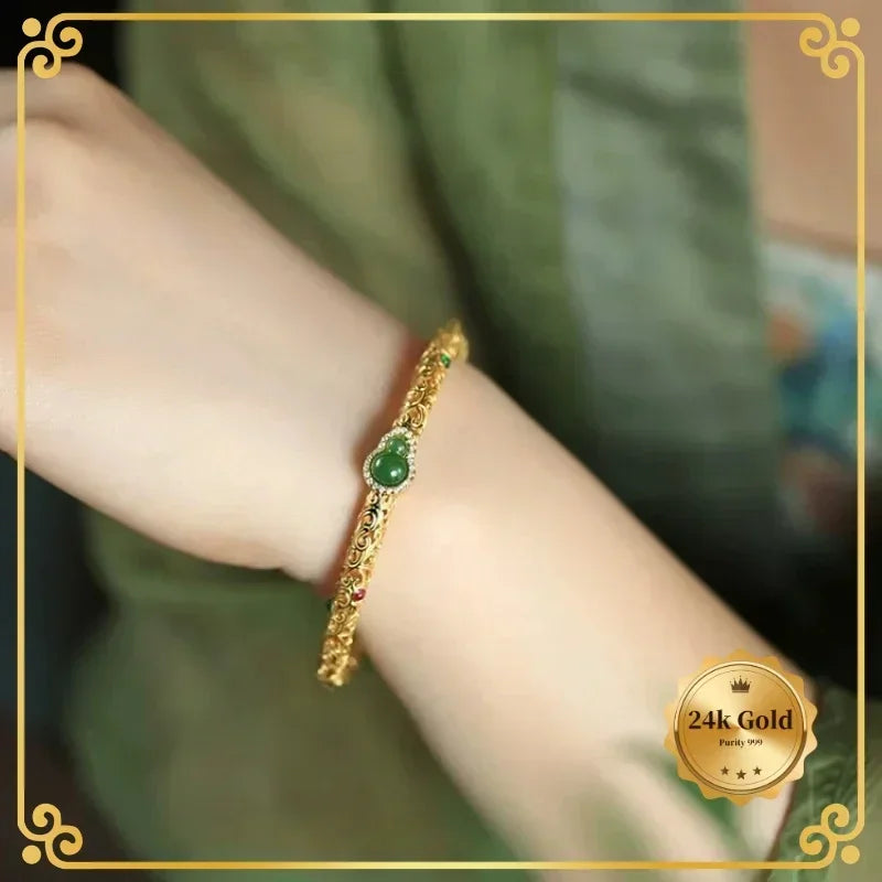 24k AU999 Yellow Gold Auspicious Clouds Gourd Bracelet Women's Antique Open Luxury Retro Fashion Minimalism