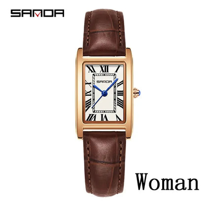 SANDA Luxury Tank Couple Watch Wear Resistant Leather Strap Square Dial Waterproof Sport Casual Women Men Quartz Watches Reloj